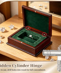 50 Pcs Concealed Brass Barrel Hinges 5x30mm in jewelry box with ring, silver hidden hinges visible inside, ideal for wood projects.