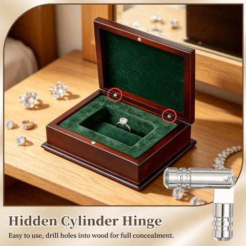 50 Pcs Concealed Brass Barrel Hinges 5x30mm in jewelry box with ring, silver hidden hinges visible inside, ideal for wood projects.