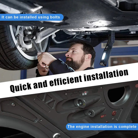 Beefy 8 Piece Car Engine Splash Shield Hardware Kit featuring lower cover pins and bolts being installed for chassis protection.