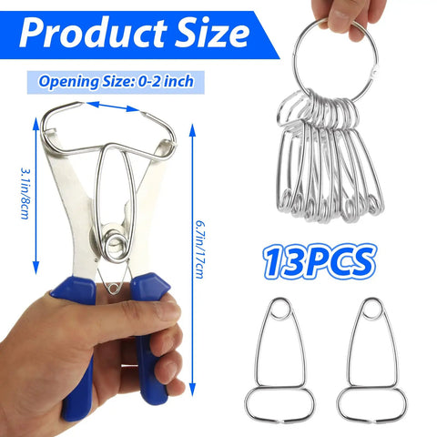 Pro Grade Spring Loaded Miter Clamp Set With Pliers 13 Piece Clamp Kit for woodworking showing size and 13 clamps