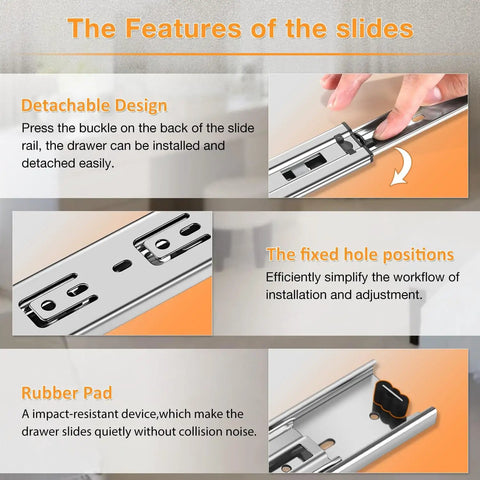 Features of Full Extension Drawer Slides Side Mount 20 Inch Heavy Duty Ball Bearing Rails with detachable design, fixed holes, and rubber pads.