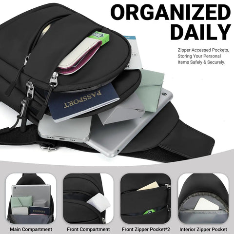 Crossbody Sling Bag For Men And Women, Lightweight Outdoor Travel Backpack with open compartments and pockets showing contents