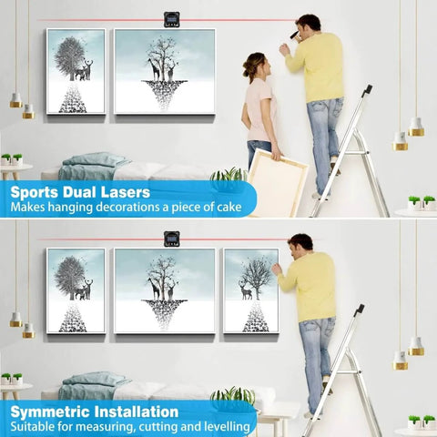 Person using Digital Angle Finder With Laser And Magnetic Cube Protractor For Woodworking, Backlit Handy Inclinometer Gauge on wall.