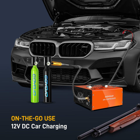 4500 PSI PCP Air Compressor with 12V DC charge in car setup, includes airgun tanks and cooling fan for quick filling, portable design