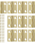 Compact Brass Mini Hinges One Inch Ten Pack With Pre Drilled Screws Ideal For Jewelry Boxes Woodworking Crafts And Tiny Gift Cases Totally Reliable Hardware That Really Hits The Spot Fast Installing Slick Finish You Gotta Have On Deck, showing ten brass hinges and screws.
