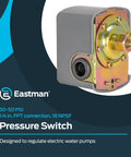 Pressure Switch For Electric Water Pumps 30 To 50 PSI Preset One Quarter Inch FPT Connection With 18 NPSF Threads Easy Install Pump Control