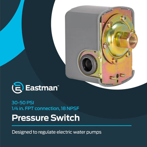 Pressure Switch For Electric Water Pumps 30 To 50 PSI Preset One Quarter Inch FPT Connection With 18 NPSF Threads Easy Install Pump Control