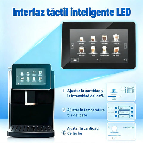 Solid Espresso Machine With Built In Grinder And Fast Milk Frother Featuring A Seven Inch Touch Screen displaying coffee options.