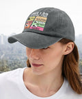 Woman wearing Funny Spare Time RV Camper Hat For Women Low Profile Washed Cap with Adjustable Back Strap in light grey