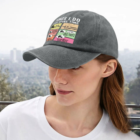 Woman wearing Funny Spare Time RV Camper Hat For Women Low Profile Washed Cap with Adjustable Back Strap in light grey