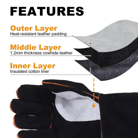 14 Inch Heat Resistant Leather Welding Glove With Kevlar Stitching For Fireplace Grill Fire Pit Campfire Wood Stove 482 Fahrenheit CE Certified MIG Stick Forge Oven Animal Handling, showing glove layers