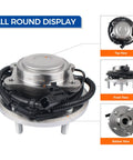 All round display of Pair Of Rear Wheel Hub And Bearing Assemblies Direct Fit For 2012-2016 Chrysler Town And Country, 2012-2020 Dodge Grand Caravan, 2012-2015 Ram C V, And 2012-2013 VW Routan With ABS; top, front, bottom views shown.