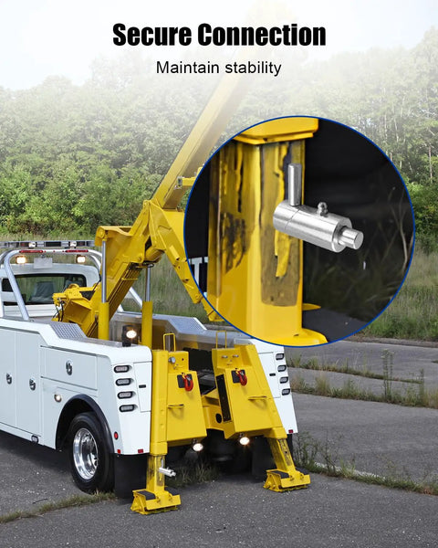 One Half Inch Spring Loaded Twist Lock Plunger Pin For Wrecker Tow Truck Heavy Duty Anti Slip Detent Hardware shown securing vehicle attachment.