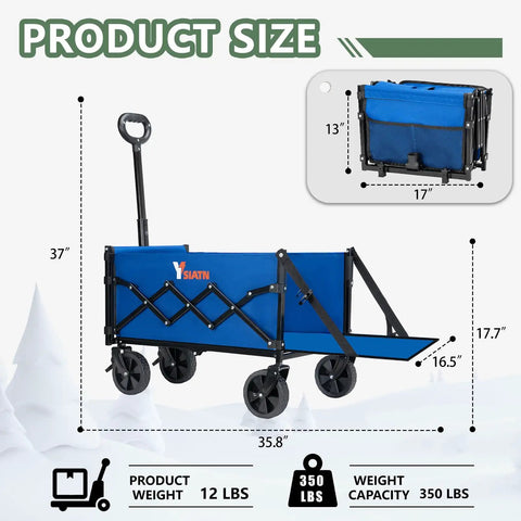 Collapsible Folding Wagon With Tailgate For 300lbs Heavy Duty Load, size dimensions showing 35.8x17.7 inches, folded view inset