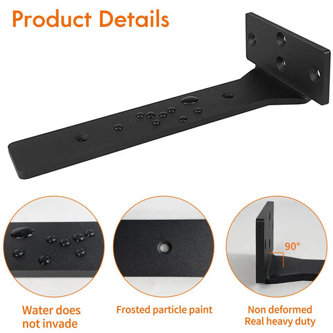 Heavy Duty 8 Inch Floating Shelf Brackets Black Industrial Steel L Shaped Shelf Supports for Wood and Metal Shelves DIY Projects with Hardware Pack of 6 Durable Rust Resistant Construction, showing detail of rust resistance and heavy-duty design.
