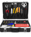 Open case showing Fiber Optic Fusion Splicing Tool Kit For Pro Grade Cable Termination Includes Longitudinal Stripping Cutter Hot Melt Cutter.