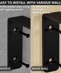 Illustration of 7.25 Inch Floating Shelf Brackets Set Of 4, displaying installation on concrete and wood walls with screws visible.