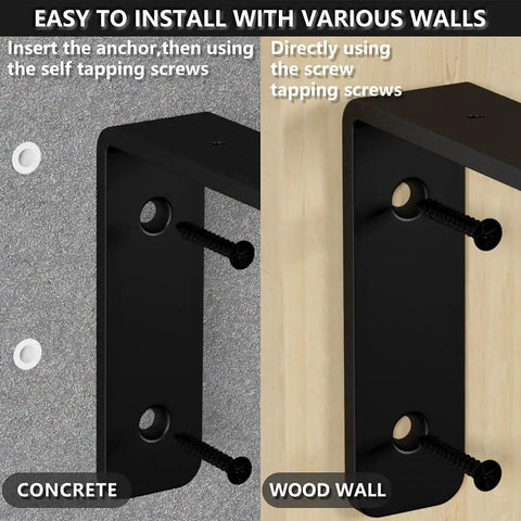 Illustration of 7.25 Inch Floating Shelf Brackets Set Of 4, displaying installation on concrete and wood walls with screws visible.