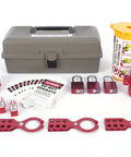 Top Notch Deluxe Lockout Tagout Kit With Aluminum Padlocks And 32 Components In Recycled Polypropylene Toolbox Open Layout Gray Case Includes Hasps Plug Breaker Valve Lockouts Tags And Ties