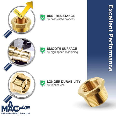 MAACFLOW brass 1/2in male NPT to 1/4in female NPT adapter reducer hex bushing, pack of 1