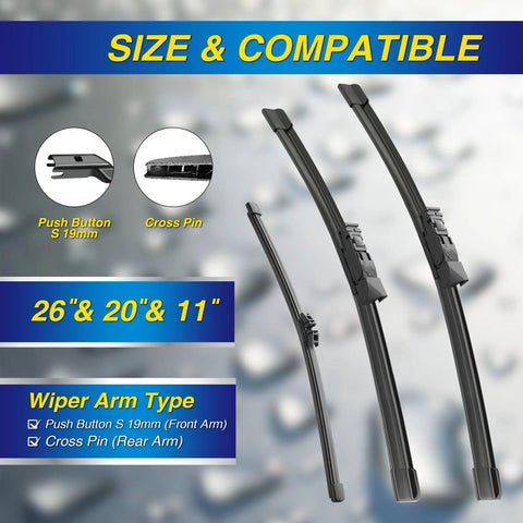Silicone Windshield Wiper Blades Replacement For 2018 2023 BMW X3 And 2019 2022 X4 Set Of 3 sizes diagram and compatibility