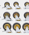 Heavy Duty Swivel Caster Wheels With Silent Rubber Treads For Slick Furniture Gliding And Serious Cart Hauling No Fuss Top Shelf Replacement Set Of Four in sizes 3" to 5" with rubber treads.