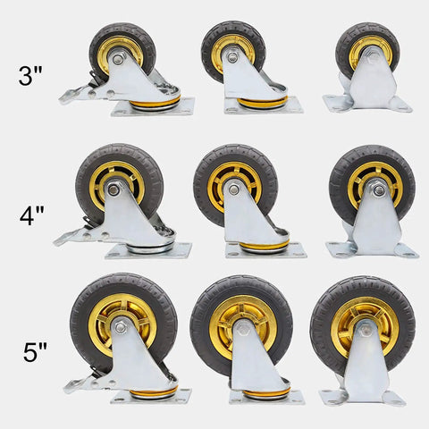 Heavy Duty Swivel Caster Wheels With Silent Rubber Treads For Slick Furniture Gliding And Serious Cart Hauling No Fuss Top Shelf Replacement Set Of Four in sizes 3" to 5" with rubber treads.