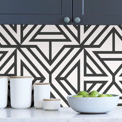 Black And White Geometric Peel And Stick Wallpaper For DIY Projects Repositionable And Removable With No Residue Sticks To Smooth Surfaces Safe For Walls Modern Linear Pattern For Quick Accent Transforms, close-up of kitchen backsplash with bowls and geometric pattern.