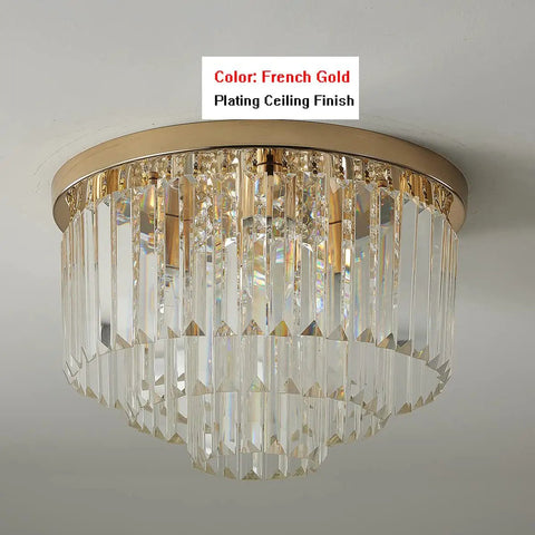 Lit French Gold Crystal Chandelier Ceiling Light 16 Inch Semi Flush Mount with Five Lights and Three Tier Crystal Design