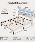 Product dimensions of Queen Size Upholstered Bed Frame With Built In Charging Headboard And Hidden Storage Shelves Beige Platform Base.