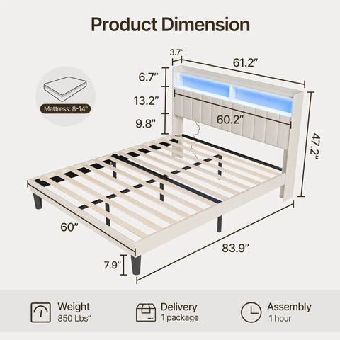 Product dimensions of Queen Size Upholstered Bed Frame With Built In Charging Headboard And Hidden Storage Shelves Beige Platform Base.
