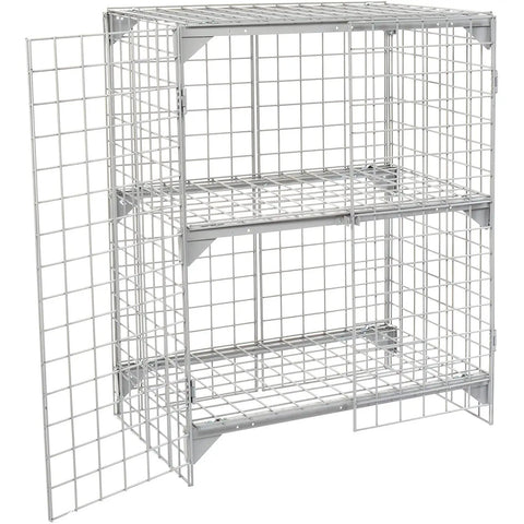 Rock Solid One Tier Two Door Wire Mesh Security Locker Cabinet With Adjustable Shelf Lockable Gray Steel Professional Storage Cage, open view.