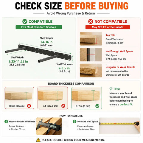 Compatibility guide for Two Pack 22 Inch Heavy Duty Floating Shelf Brackets with measurements for proper installation.
