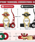 Image of Beefy Brass Battery Terminal Connectors Kit, 1 Pair With M8 x 25mm Bolt, Quick Release Cable Ends, Anti Corrosion Pad with size details.