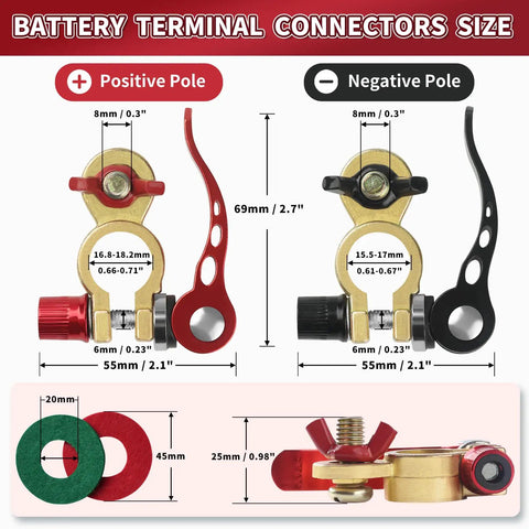 Image of Beefy Brass Battery Terminal Connectors Kit, 1 Pair With M8 x 25mm Bolt, Quick Release Cable Ends, Anti Corrosion Pad with size details.