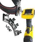 Drill Clip Holster Set For Tool Belts And Impact Drivers with belt, yellow drill, and stainless steel clip hooks.