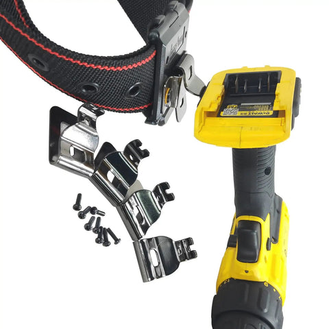 Drill Clip Holster Set For Tool Belts And Impact Drivers with belt, yellow drill, and stainless steel clip hooks.