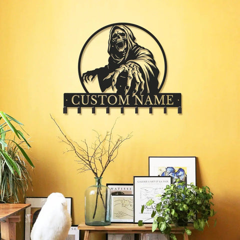 Personalized Badass Grim Reaper Key Holder With Custom Name Laser Cut Metal Skull Wall Mounted Key Rack in entryway