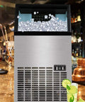 Top Shelf Countertop Nugget Ice Maker Chilling 120 Pounds Daily With Solid 33 Pound Storage, showcasing clear cubes in a sleek stainless steel design.