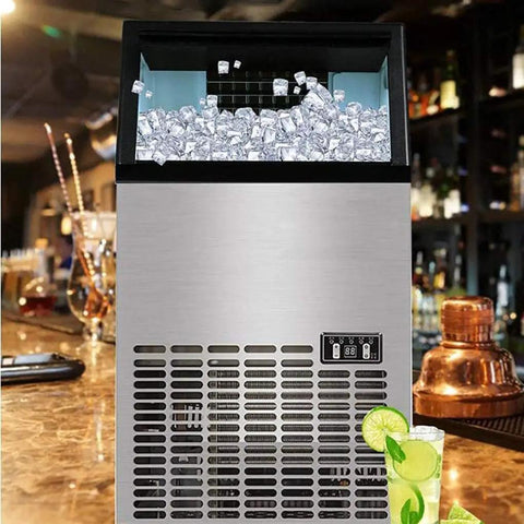 Top Shelf Countertop Nugget Ice Maker Chilling 120 Pounds Daily With Solid 33 Pound Storage, showcasing clear cubes in a sleek stainless steel design.