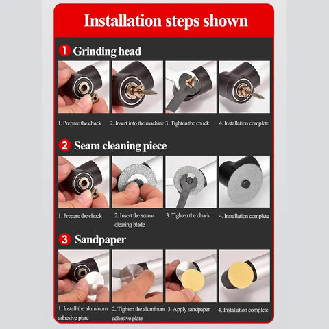 Installation steps shown for Badass Right Angle Grinder Featuring A Beast Mode Five Hundred Watt Motor With Six Adjustable Speed Settings.