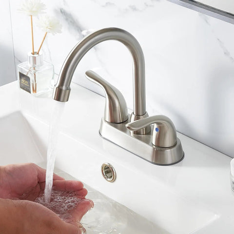 4 Inch Centerset Bathroom Faucet In Brushed Nickel, Deck Mounted Two Handle Vanity Mixer With Drain Assembly And Flexible Supply Hoses, Ideal For Lavatories, RV Campers And Home Bathrooms