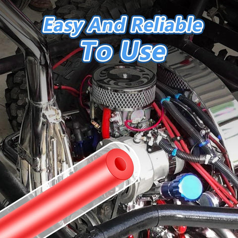 Close-up of a Dope Red Silicone Vacuum Hose Kit With Color Matched Connectors, 6 Size Tubing Set installed in an engine bay.