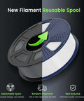 New filament reusable spool, black and blue design, detachable and eco-friendly, shown in promotional graphic for Turbocharged PLA Filament 1.75mm Pack Of 4 Spools 1Kg Each Black Color 4Kg Total Fast Printing Up To 250 Millimeters Per Second With Smooth Flow And No Jams For Rapid Prototyping.