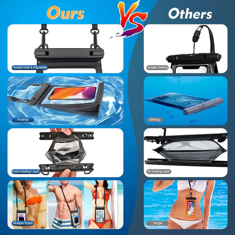 Comparison of waterproof phone pouch with sealing strip and large capacity dry bag versus others, highlighting features and usage.
