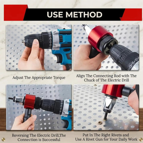 Instructions on using Electric Rivet Gun Adapter Kit With Quick Change Blind Riveter Inserts for DIY projects.