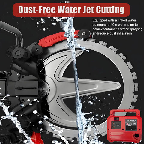 Heavy Duty Dual Blade Concrete Wall Cutter With Robust 8980W Motor And Rock Solid 3000Rpm Speed, showing water jet feature.