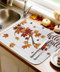 Autumn Maple Leaves Dish Drying Mat Set Ultra Absorbent Microfiber Counter Pad 18 By 24 Inches Wood Grain Look on kitchen counter