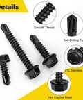 Black Self Tapping Screws Kit For Metal 170 Piece Assortment With Sizes Eight By Half Inch Eight By Three Quarter Inch Ten By One Inch Ten By One And Half Inch Hex Washer Head Self Drilling Screws 410 Stainless Steel Ideal For Light Metal Repairs And DIY details view