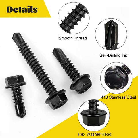 Black Self Tapping Screws Kit For Metal 170 Piece Assortment With Sizes Eight By Half Inch Eight By Three Quarter Inch Ten By One Inch Ten By One And Half Inch Hex Washer Head Self Drilling Screws 410 Stainless Steel Ideal For Light Metal Repairs And DIY details view
